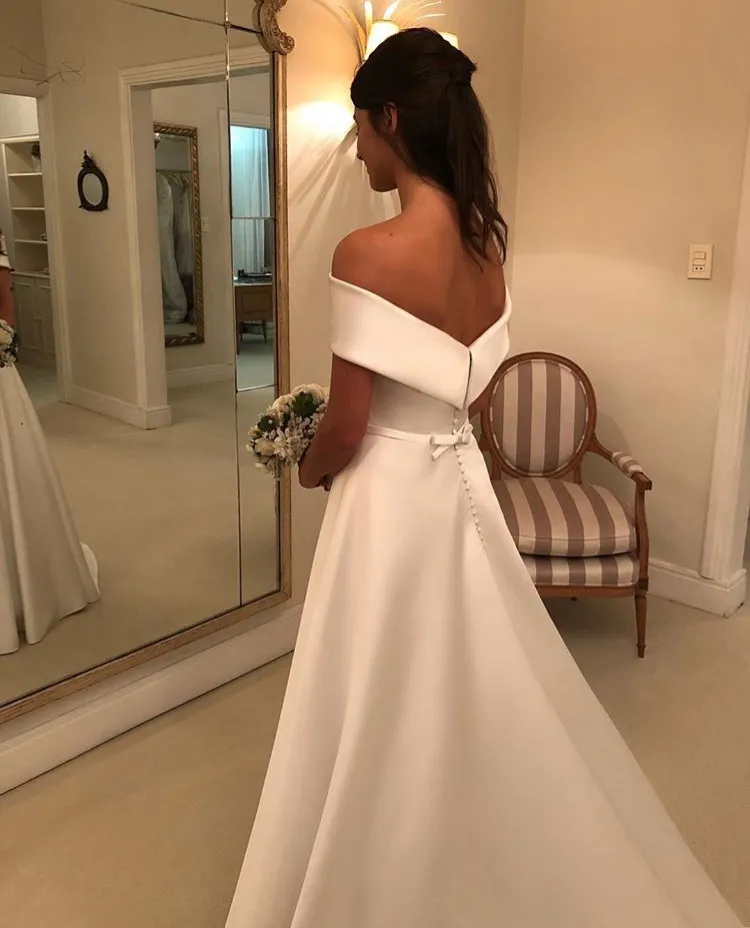 Simple A Line Wedding Dresses Satin Off The Shoulder Wedding Bridal Gowns Sweep Train Casual Dresses Zipper With Buttons Back - Image 3