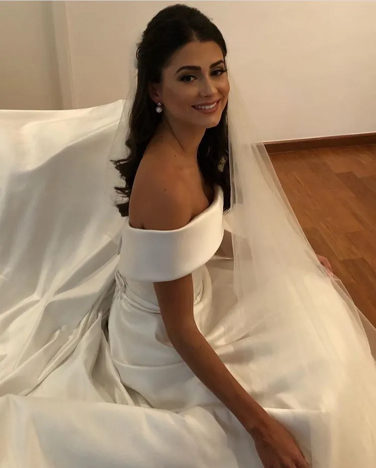 Simple A Line Wedding Dresses Satin Off The Shoulder Wedding Bridal Gowns Sweep Train Casual Dresses Zipper With Buttons Back - Image 2