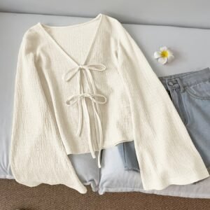 Solid Color Front-Tie Bow Open-Front Fashion Flared Sleeve Blouse New Women'S Short Top
