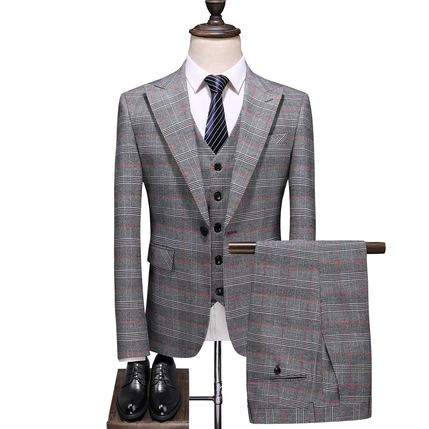 Mens Double-Breasted Plaid Three-Piece Suit - Image 2