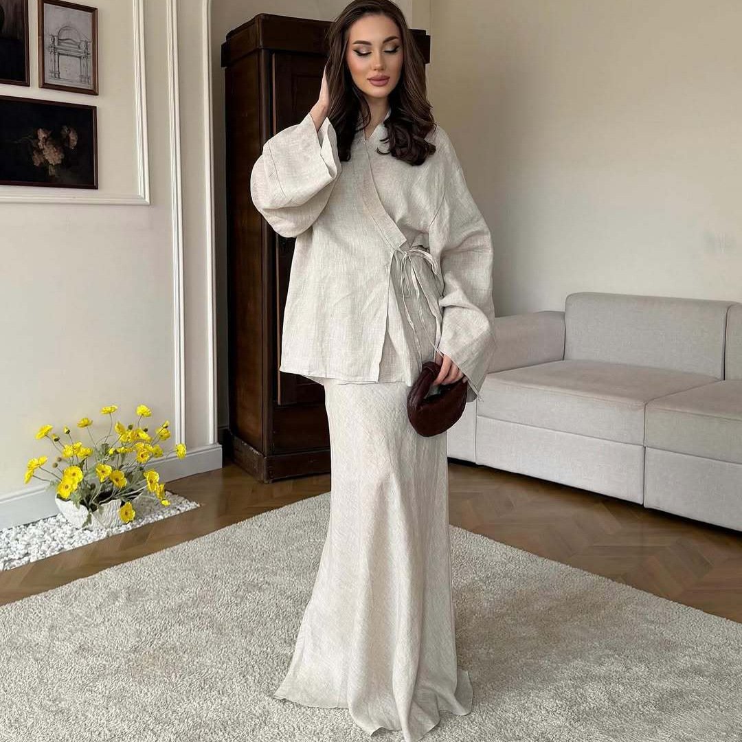 Amazon 2026 New European and American Style V-Neck Long-Sleeve Loose Cool Simple Japanese-Style Top and Bodycon Skirt Set - Image 3
