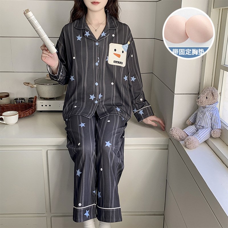 Spring and Autumn New Style Women's Long-Sleeve Long-Pants Pajamas with Chest Pads, Cotton-Like Fabric, Sweet Turn-Down Collar, Suitable for Wearing Outside, Cartoon Set - Image 4