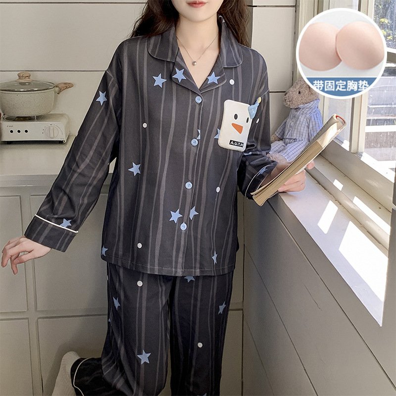 Spring and Autumn New Style Women's Long-Sleeve Long-Pants Pajamas with Chest Pads, Cotton-Like Fabric, Sweet Turn-Down Collar, Suitable for Wearing Outside, Cartoon Set - Image 2