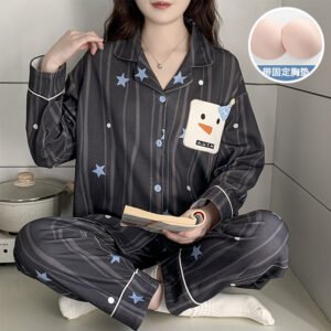 Spring and Autumn New Style Women's Long-Sleeve Long-Pants Pajamas with Chest Pads, Cotton-Like Fabric, Sweet Turn-Down Collar, Suitable for Wearing Outside, Cartoon Set