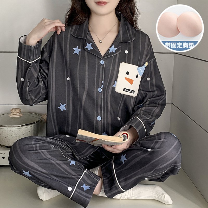 Spring and Autumn New Style Women's Long-Sleeve Long-Pants Pajamas with Chest Pads, Cotton-Like Fabric, Sweet Turn-Down Collar, Suitable for Wearing Outside, Cartoon Set