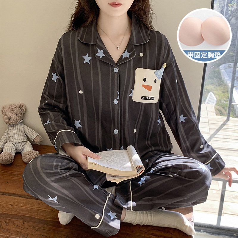 Spring and Autumn New Style Women's Long-Sleeve Long-Pants Pajamas with Chest Pads, Cotton-Like Fabric, Sweet Turn-Down Collar, Suitable for Wearing Outside, Cartoon Set - Image 3