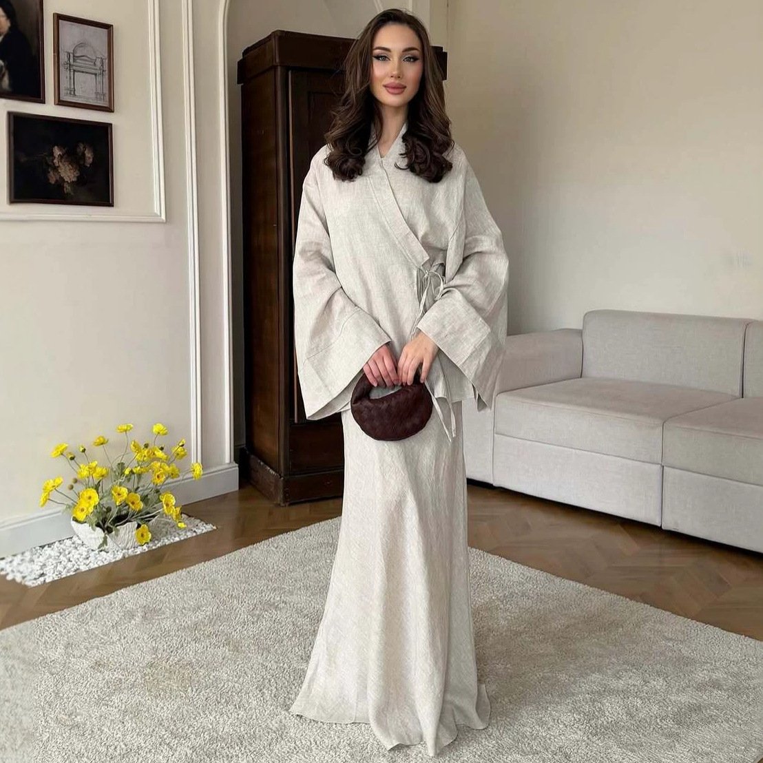 Amazon 2026 New European and American Style V-Neck Long-Sleeve Loose Cool Simple Japanese-Style Top and Bodycon Skirt Set