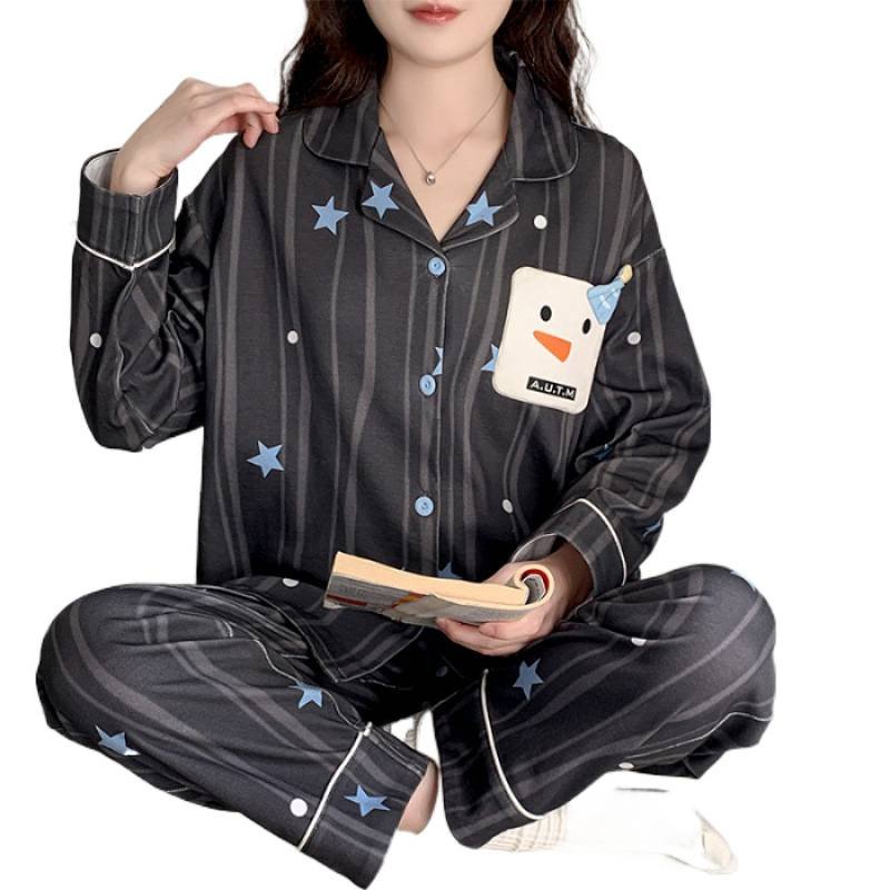 Spring and Autumn New Style Women's Long-Sleeve Long-Pants Pajamas with Chest Pads, Cotton-Like Fabric, Sweet Turn-Down Collar, Suitable for Wearing Outside, Cartoon Set - Image 5